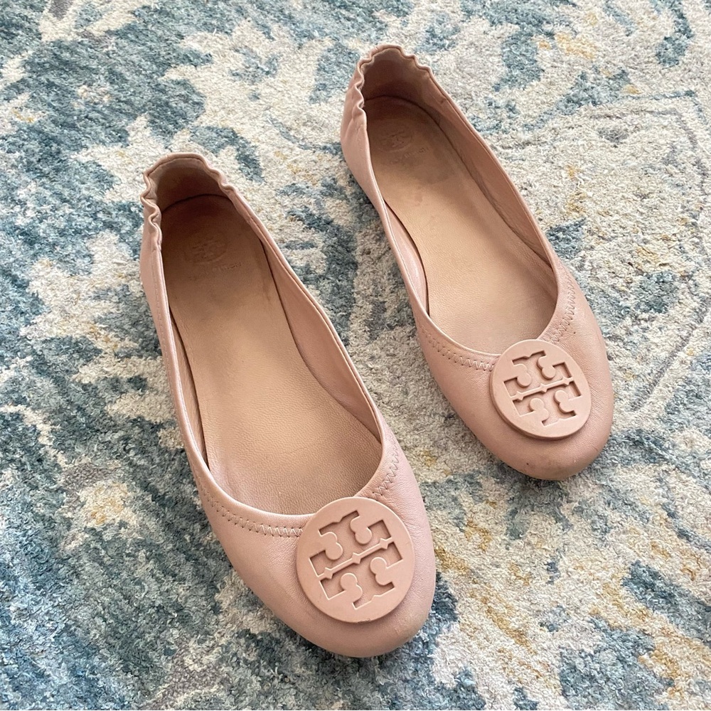 Tory Burch Minnie Travel Ballet Flats Size 8 Tan Nude Goan Sand Leather